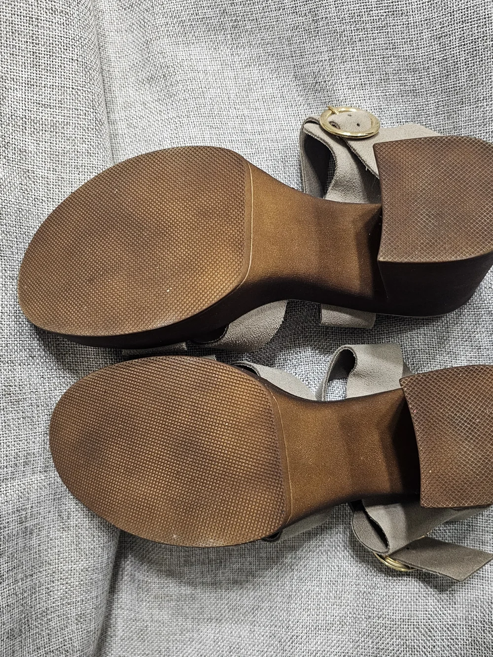 Neutral Beige Suede Platform Sandals with Chunky Brown Heel
